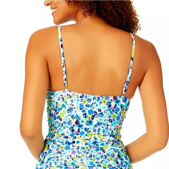 Anne Cole Ladies Tankini Swim Top Blue Ditsy w/ Purple. Size S - Picture 10 of 11